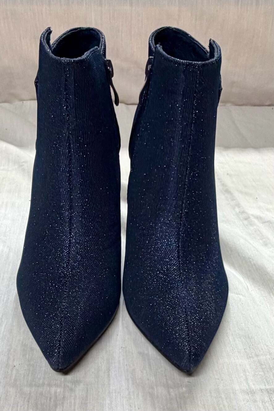 Denim Glitter Pointed Toe Stiletto Heel Ankle Boots Size 7.5